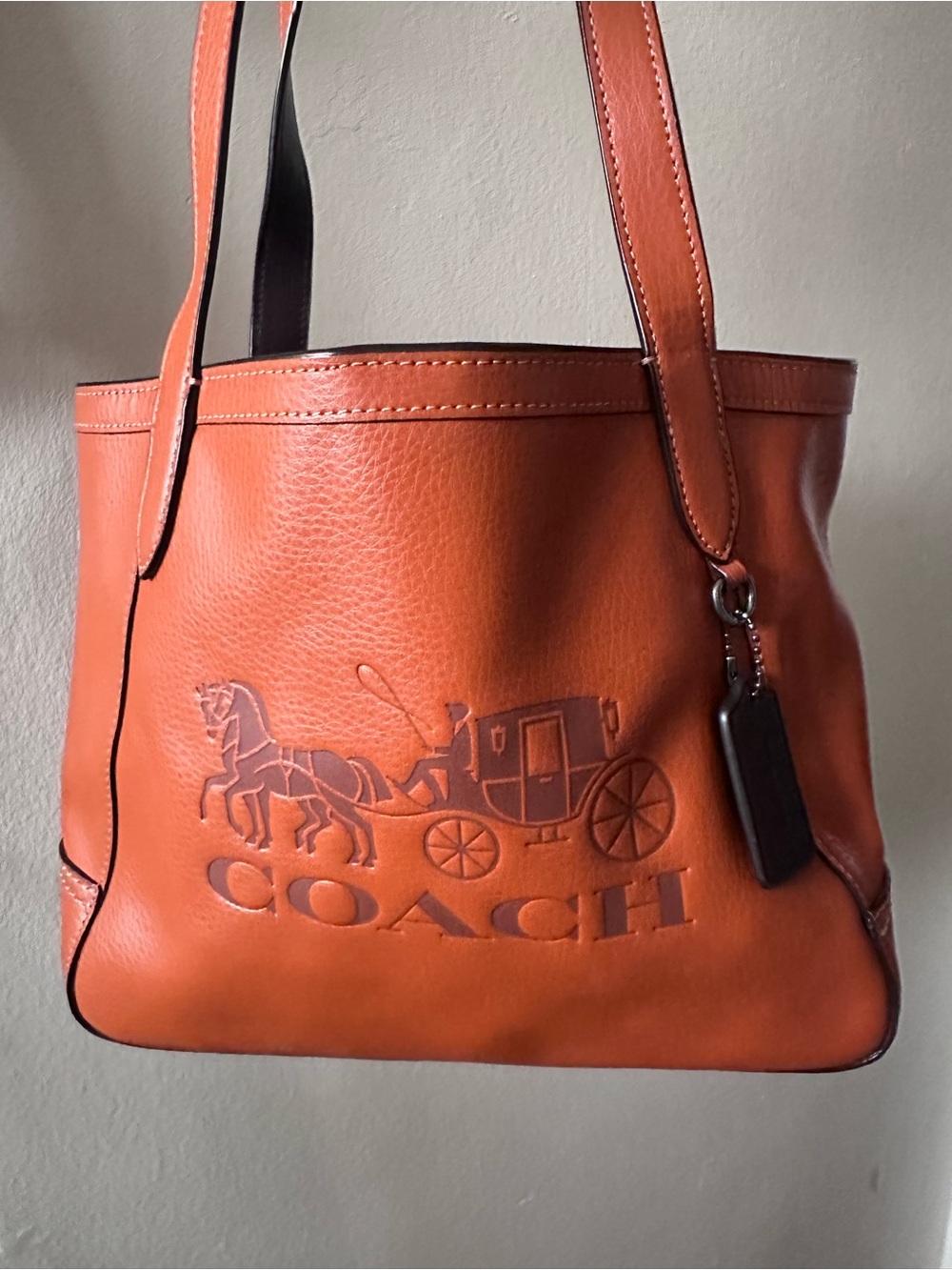 Coach Horse and Carriage Leather Tote 27 in Burnt Orange with Embossed Logo